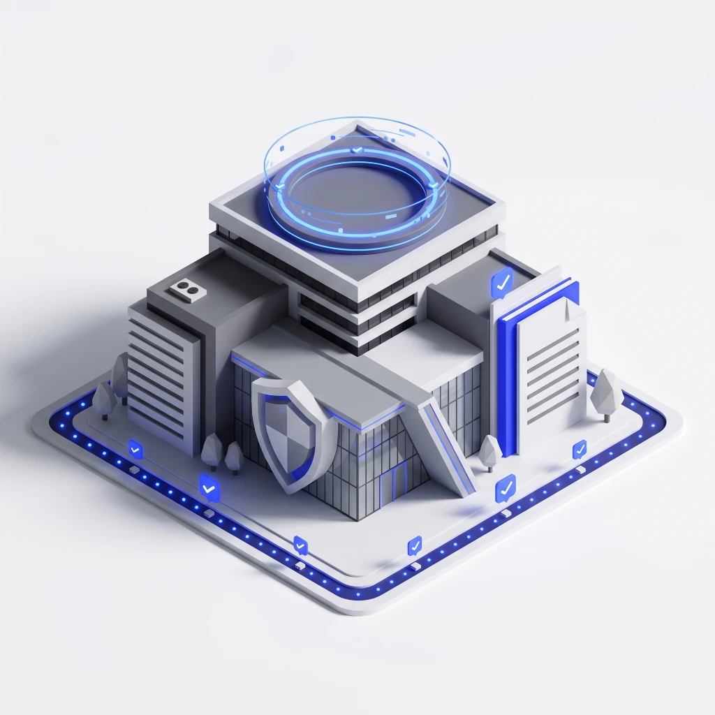 3D model of a modern building with shield and checkmark icons symbolizing security and compliance.