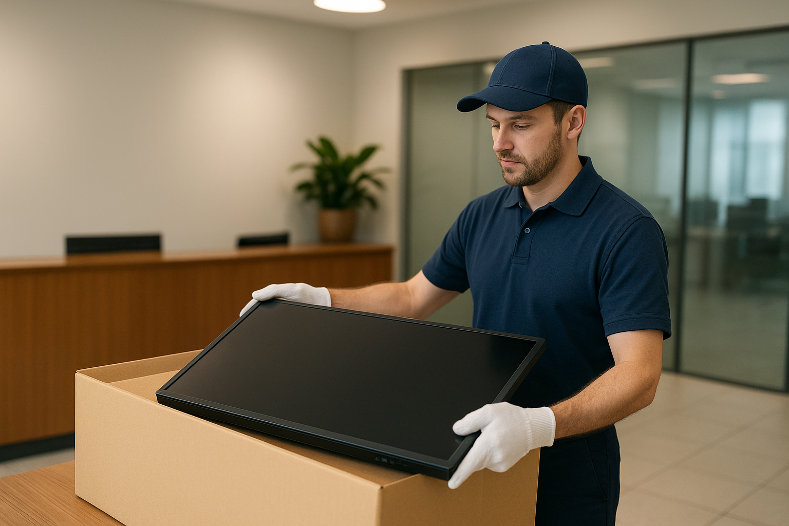 Man handling sensitive electronic equipment wearing white gloves