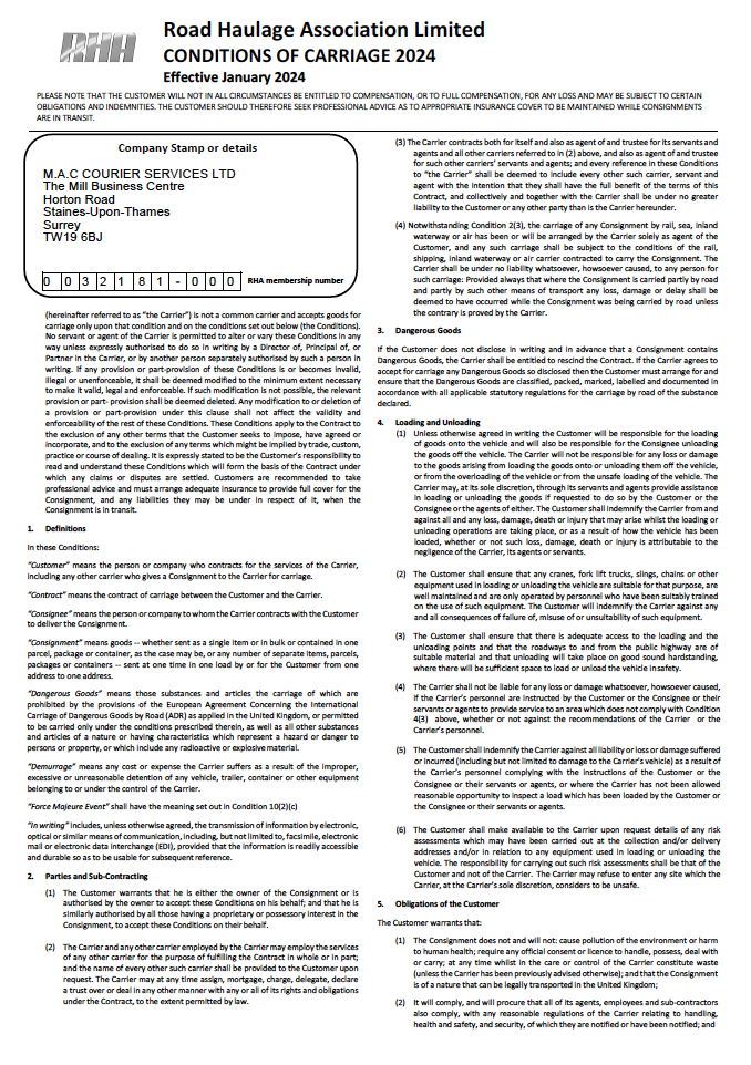 Road Haulage Association Limited Conditions of Carriage 2024 document with terms for consignments, dangerous goods, loading, unloading, and customer obligations.