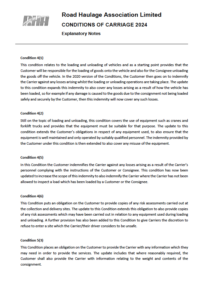 Document titled 'Road Haulage Association Limited CONDITIONS OF CARRIAGE 2024 Explanatory Notes' detailing conditions 4(1), 4(2), 4(5), 4(6), and 5(3) regarding loading/unloading responsibilities, equipment use, indemnity, risk assessments, and customer obligations.