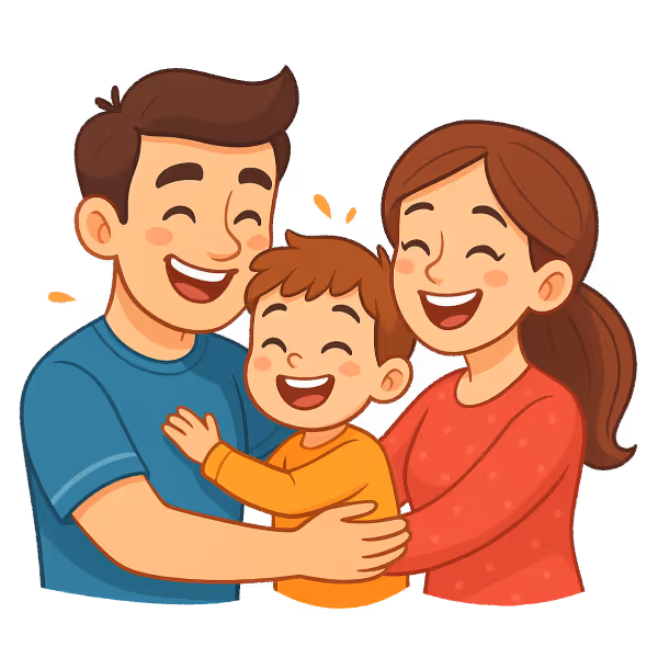 Kreskówkowa ilustracja przedstawiająca szczęśliwą rodzinę — uśmiechniętych rodziców przytulających małego chłopca.