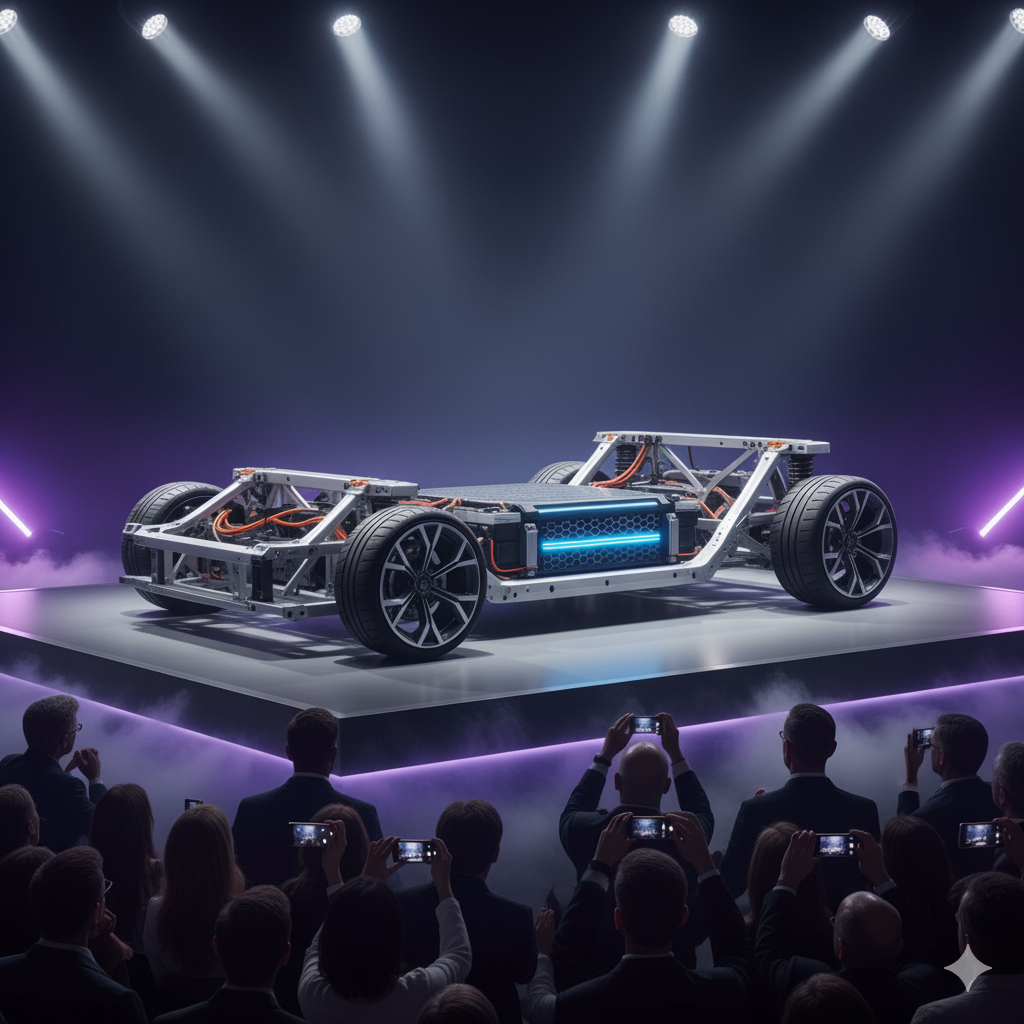 Electric vehicle chassis with large wheels and visible battery pack displayed on a lit stage before an audience taking photos.