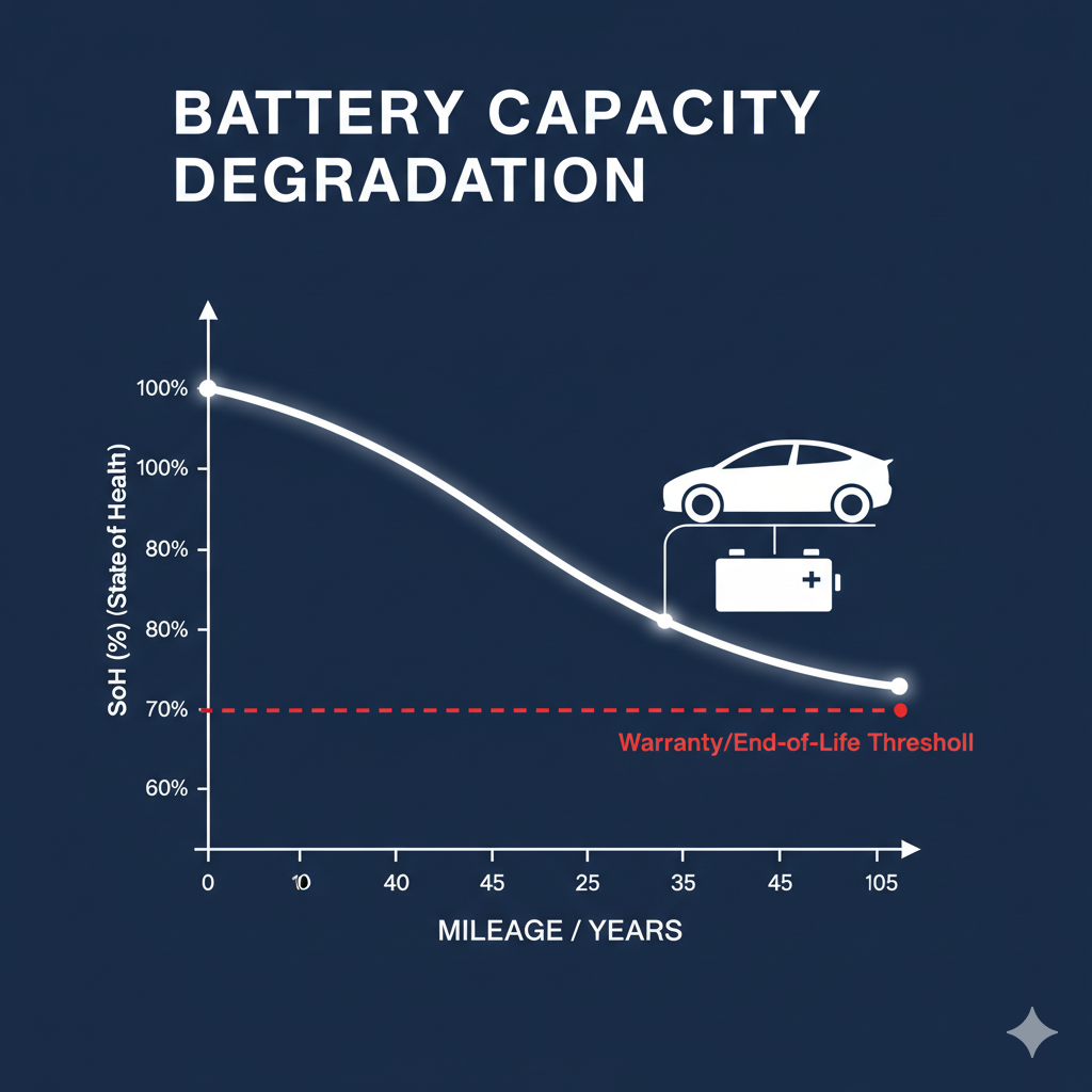 Graph showing battery capacity degradation over mileage/years with state of health declining from 100% to about 70% at warranty/end-of-life threshold, illustrated by a car and battery icon.