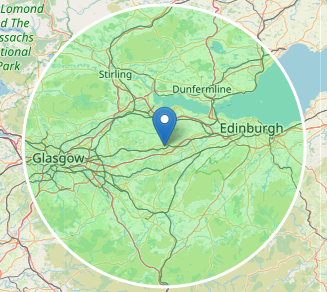 Map showing a location marked between Glasgow and Edinburgh with a circular radius highlighting the central Scotland area including Stirling and Dunfermline.