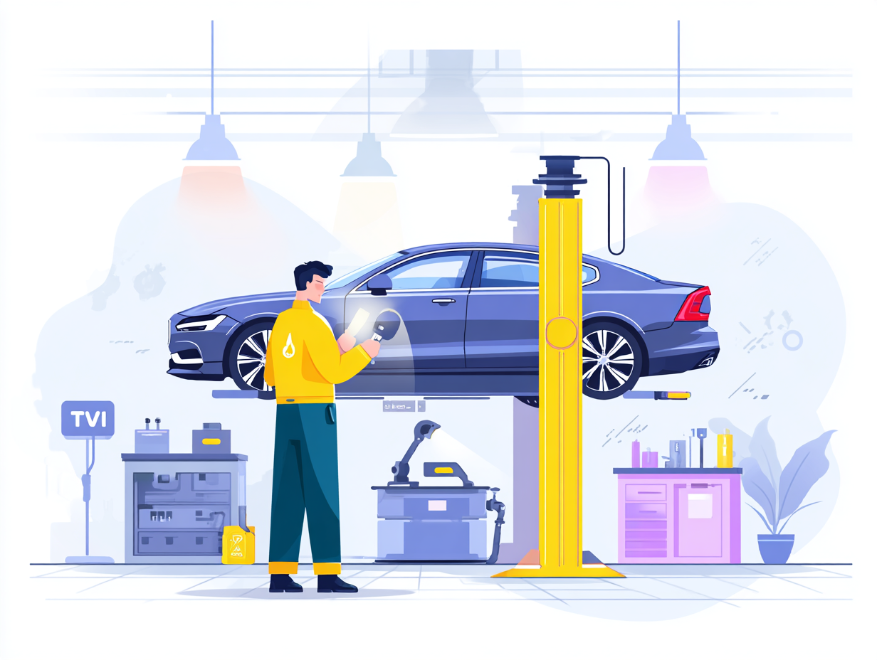 Ein Mechaniker in gelber Jacke inspiziert ein Teil vor einem gehobenen blauen Auto in einer Werkstatt.