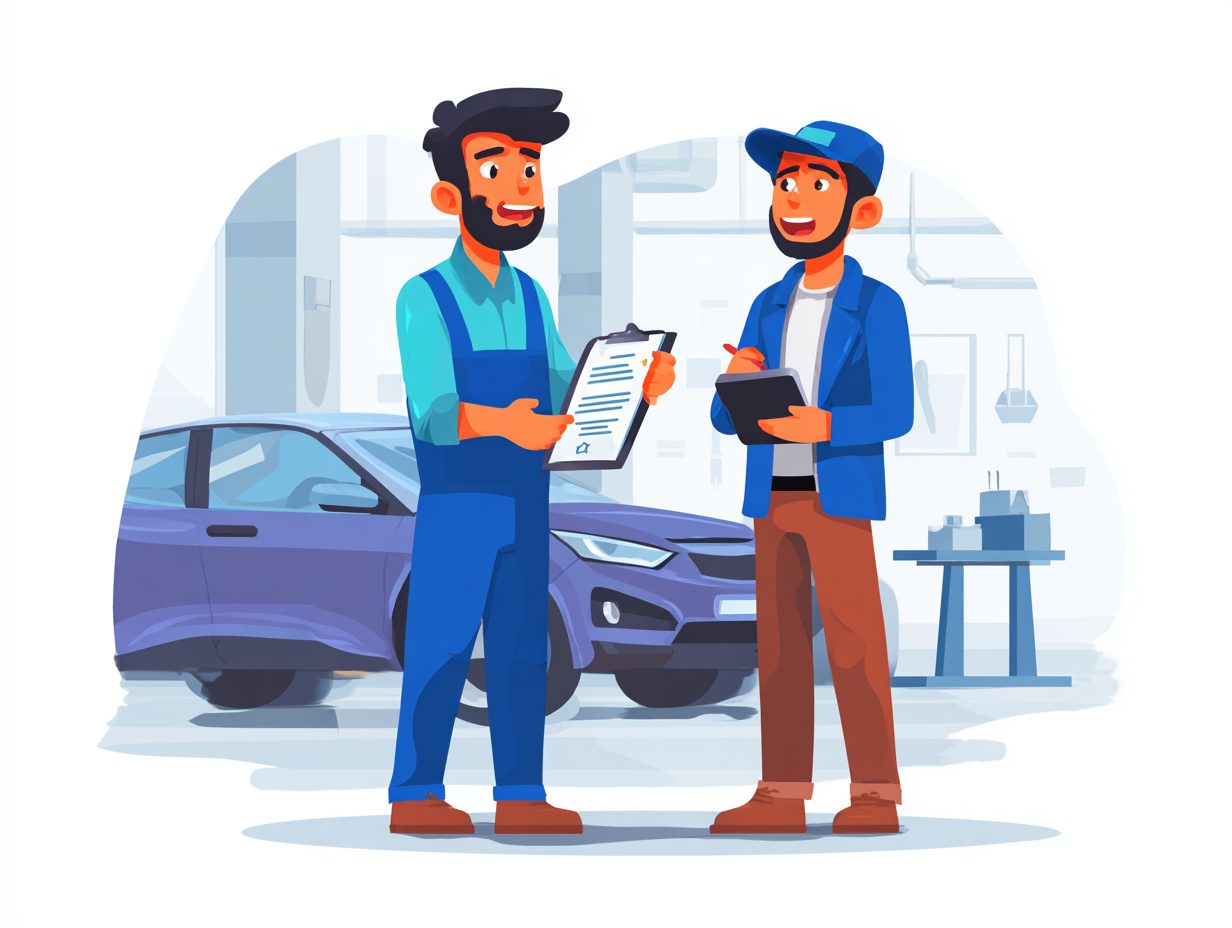 Zwei Männer im Gespräch in einer Autowerkstatt, einer trägt Blaumann und hält ein Klemmbrett, der andere eine Schirmmütze und schreibt in ein Notizbuch.