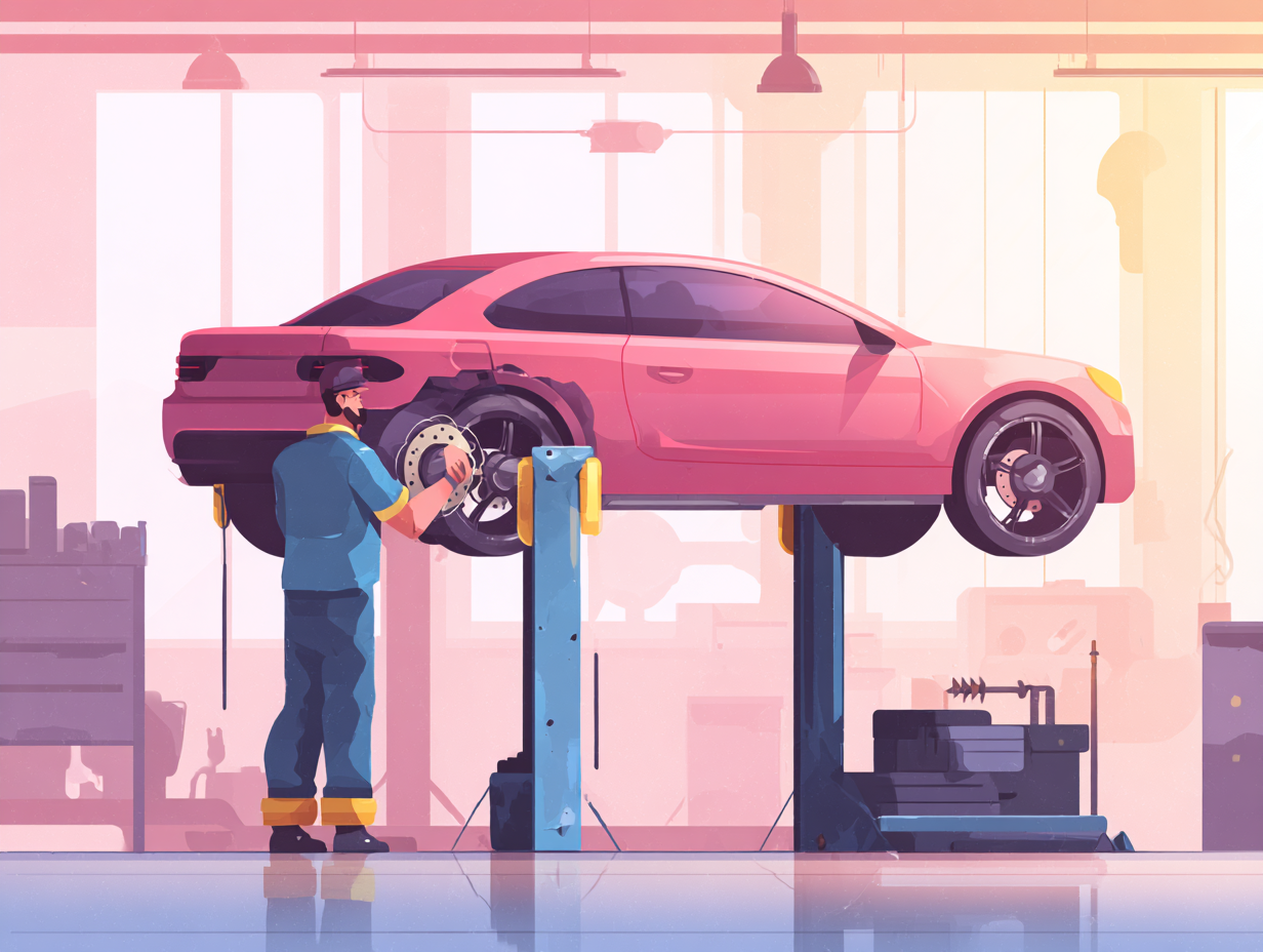 Ein Mechaniker überprüft die vordere Bremsscheibe eines auf einer Hebebühne angehobenen rosa Autos in einer Werkstatt.