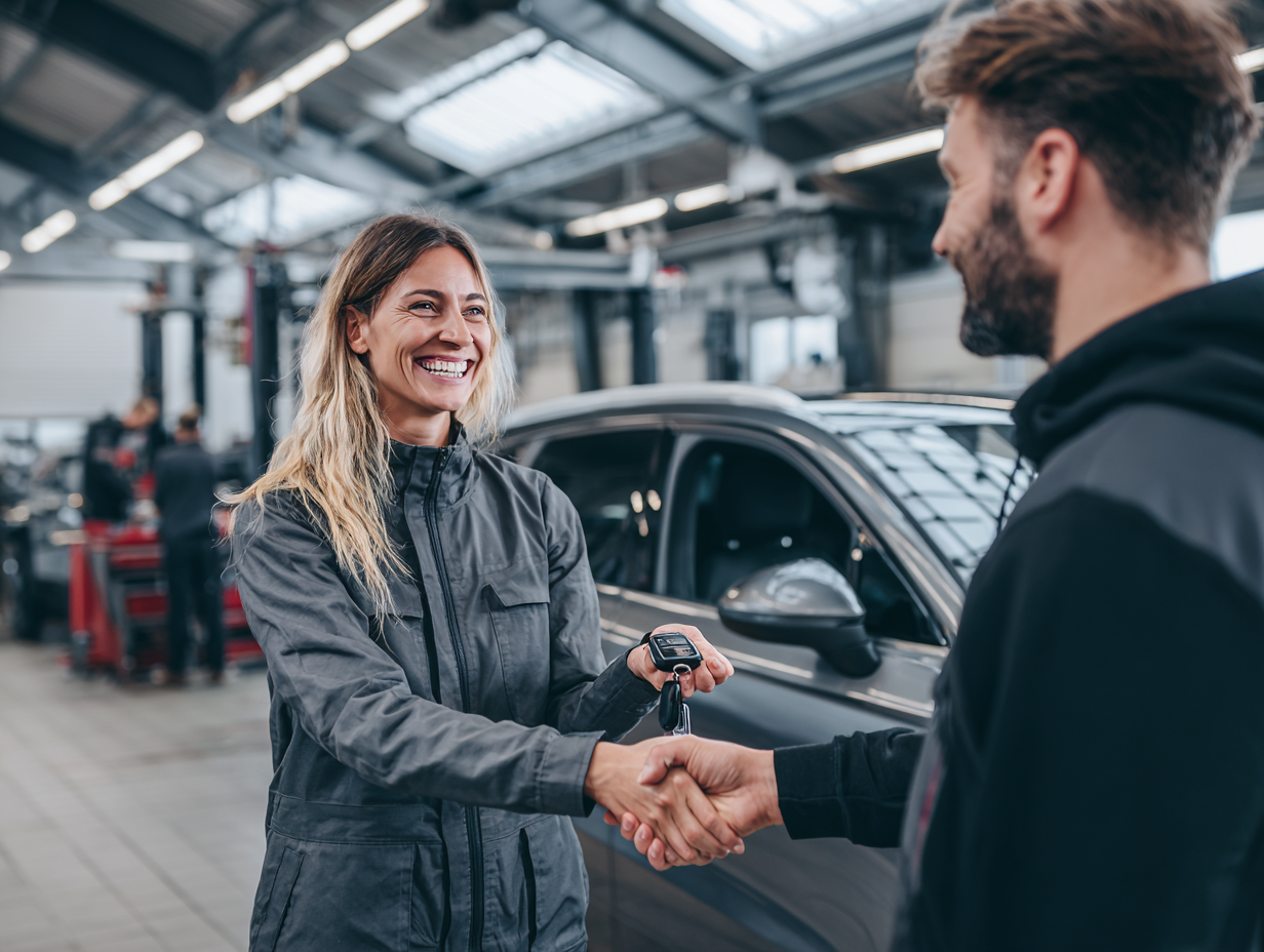 Lächelnde Frau übergibt einem Mann Autoschlüssel und schüttelt ihm die Hand in einer Autowerkstatt.