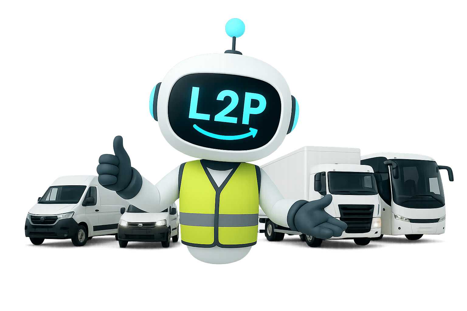 Learn2Pass chatbot mascot with training vehicles – book HGV training
