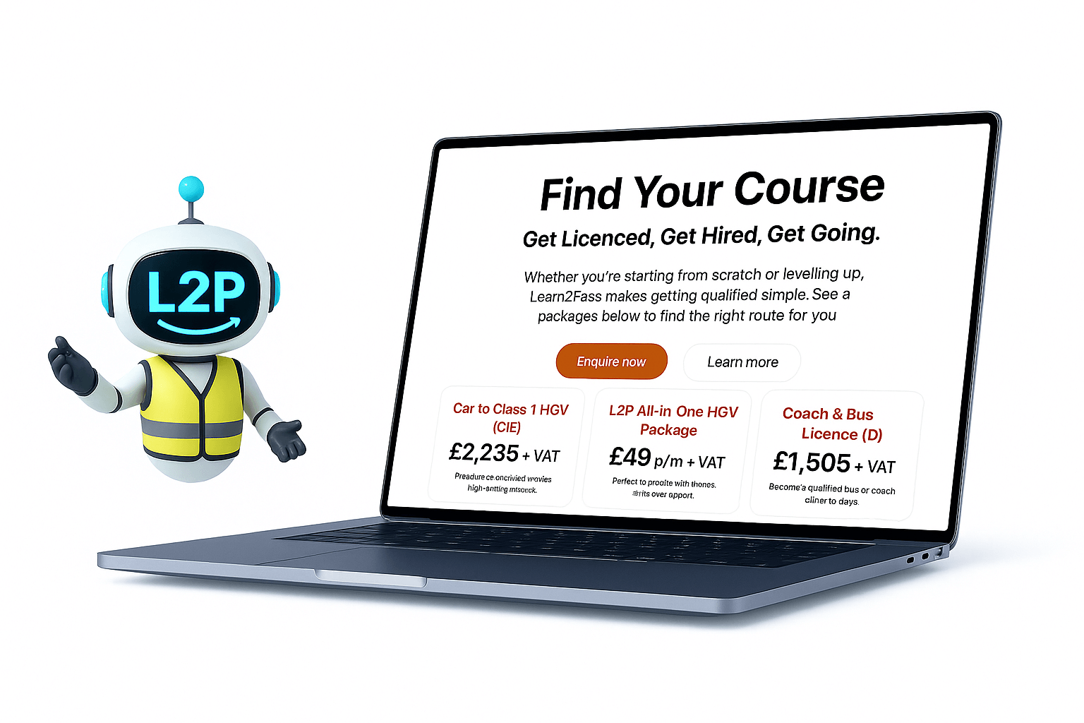 Learn2Pass chatbot mascot highlighting course options for HGV training