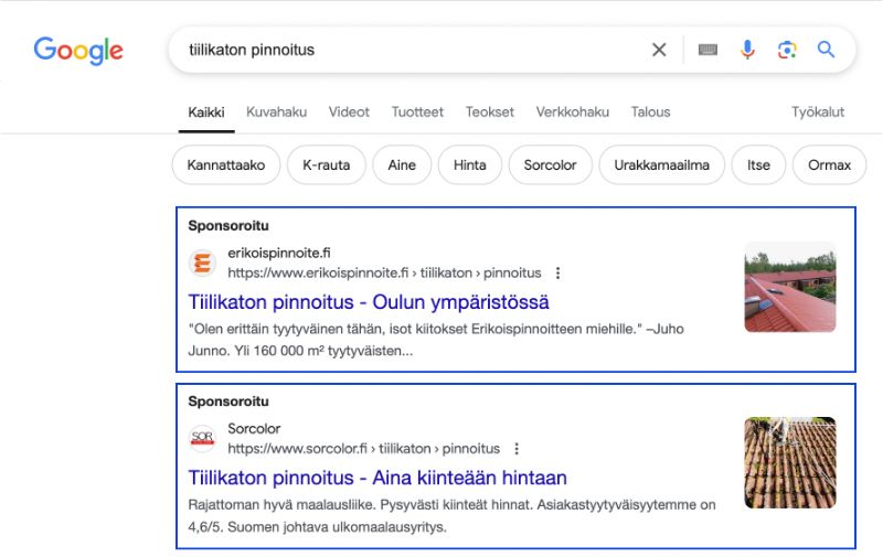 Kuvassa näytetään miltä Google mainonta hakukoneessa näyttää