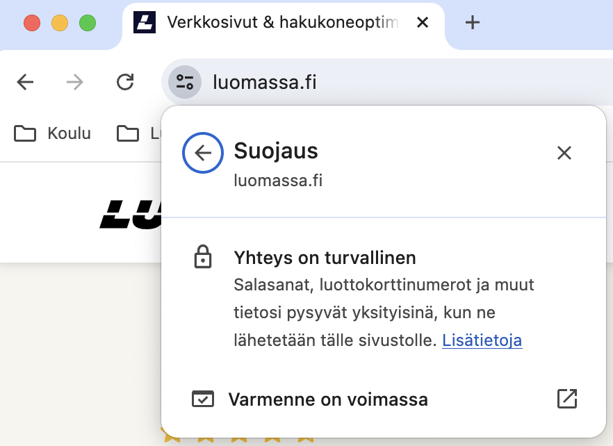 Näyttökuva, jossa näytetään miltä HTTPS yhteys verkkosivuun näyttää
