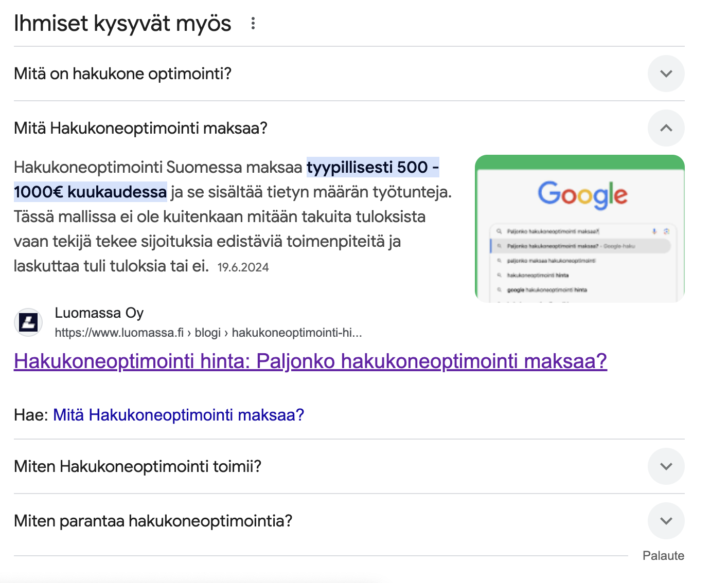 Näyttökuva Googlen hakutulossivuilta, jossa näytetään "Ihmiset kysyivät myös" kohtaa.