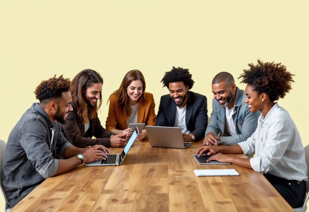 image of group discussion around technology (for a consumer apps)