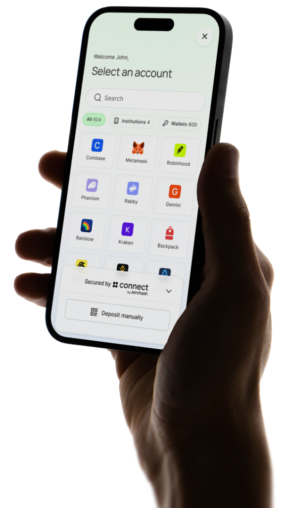 Hand holding a phone showing the AUTH account picker with wallets and institutions