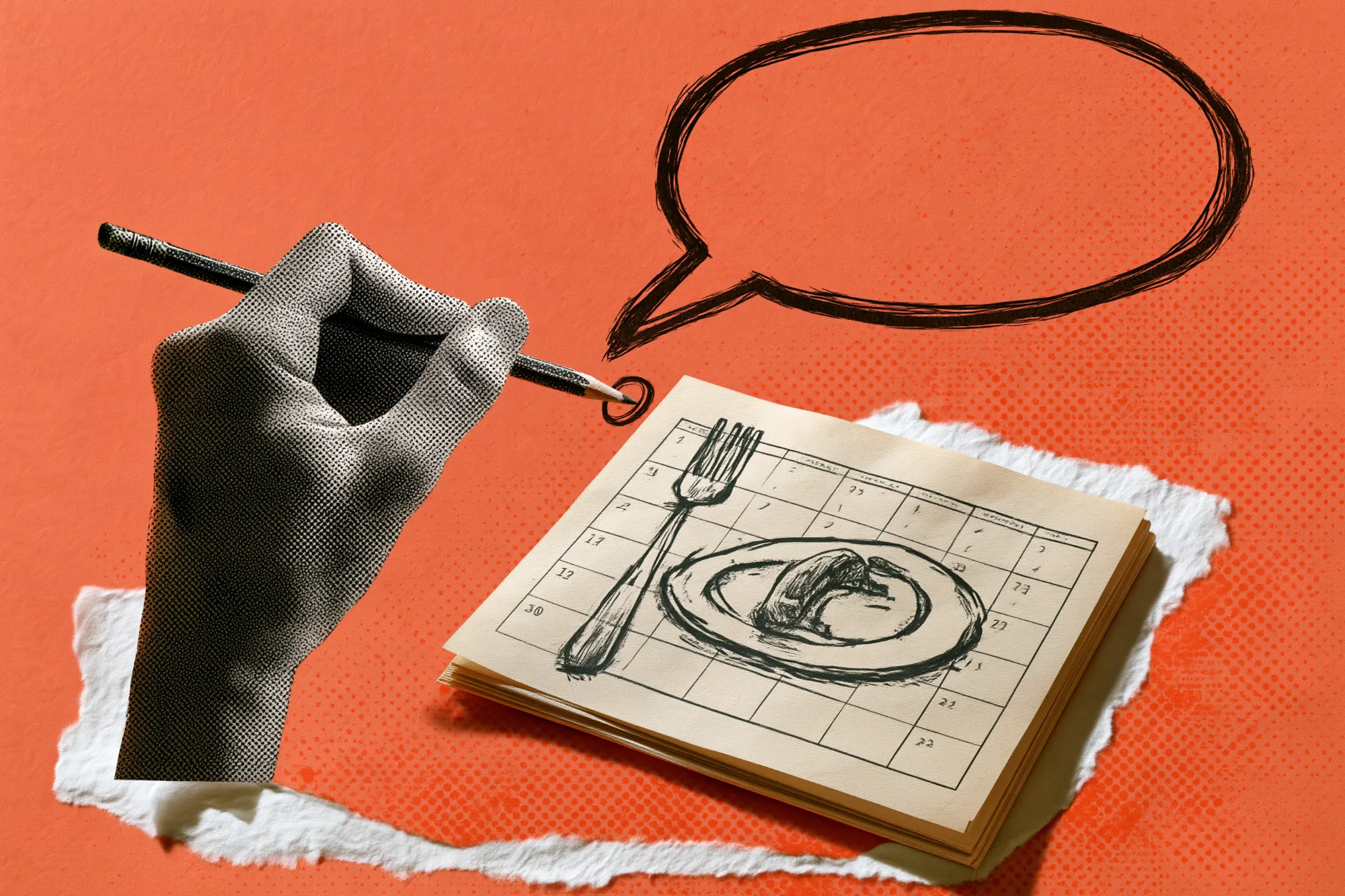 A hand with a pencil circles a date on a calendar drawn with a plate and fork, beside an empty speech bubble.