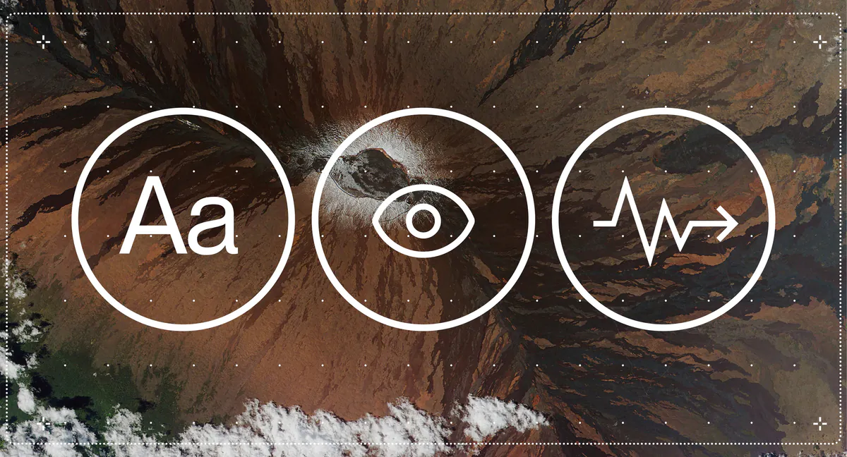 Text, vision and signal icons over aerial terrain