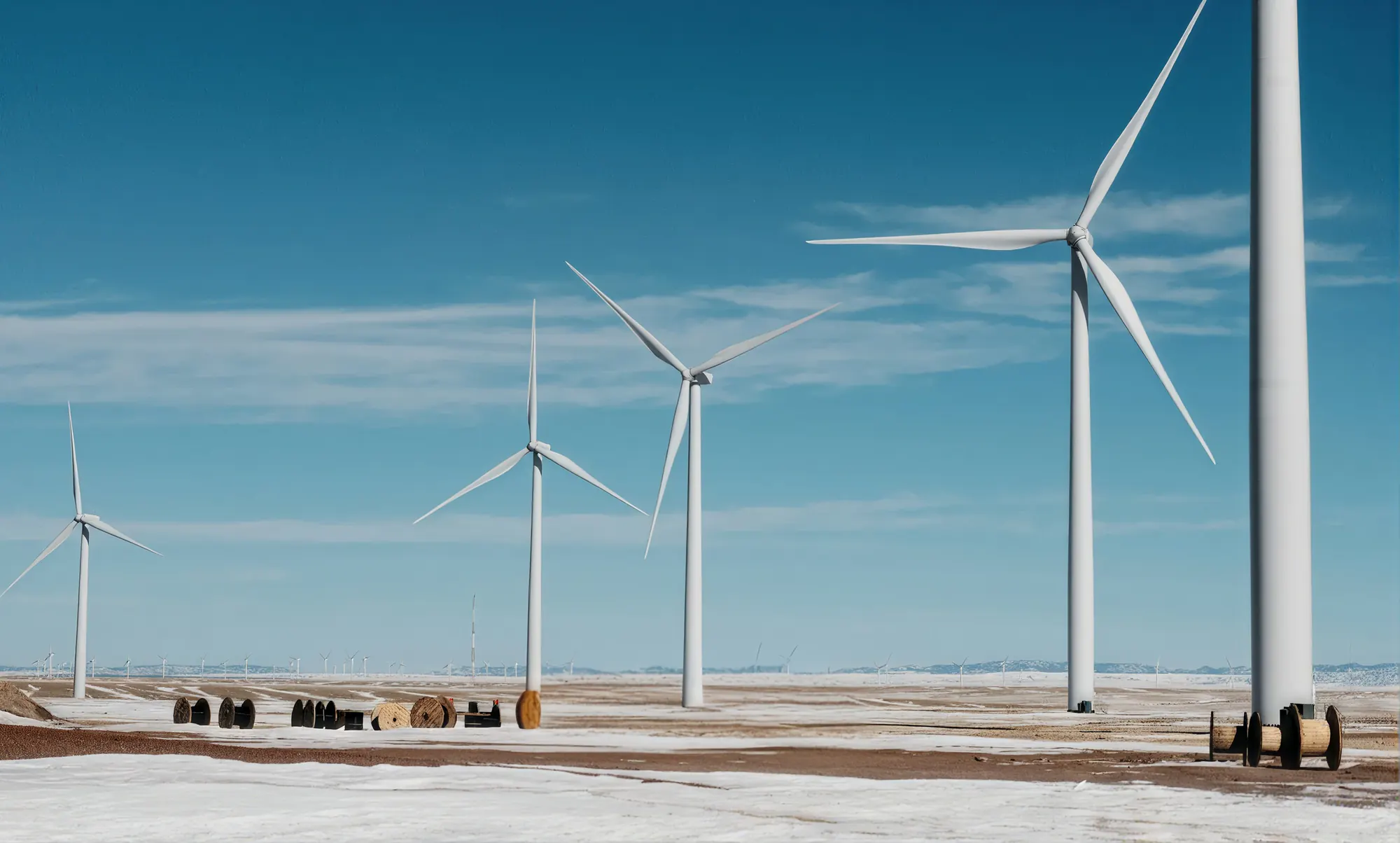 Wind turbines on an open plain under a blue sky