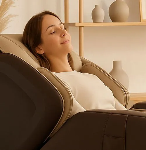 Femme relaxée dans le fauteuil massant Massea de Supra France, en position zéro gravité, design brun et beige pour une expérience de bien-être complète à domicile