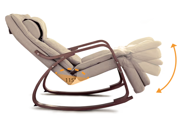 Schéma du rocking chair massant Youki de Supra France montrant l’inclinaison du dossier à 115 degrés pour un confort optimal et un effet berçant relaxant