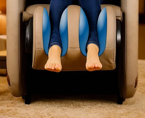 Massage par compression d’air des mollets avec le fauteuil massant Kin Relax Supra France pour une détente musculaire et une circulation améliorée