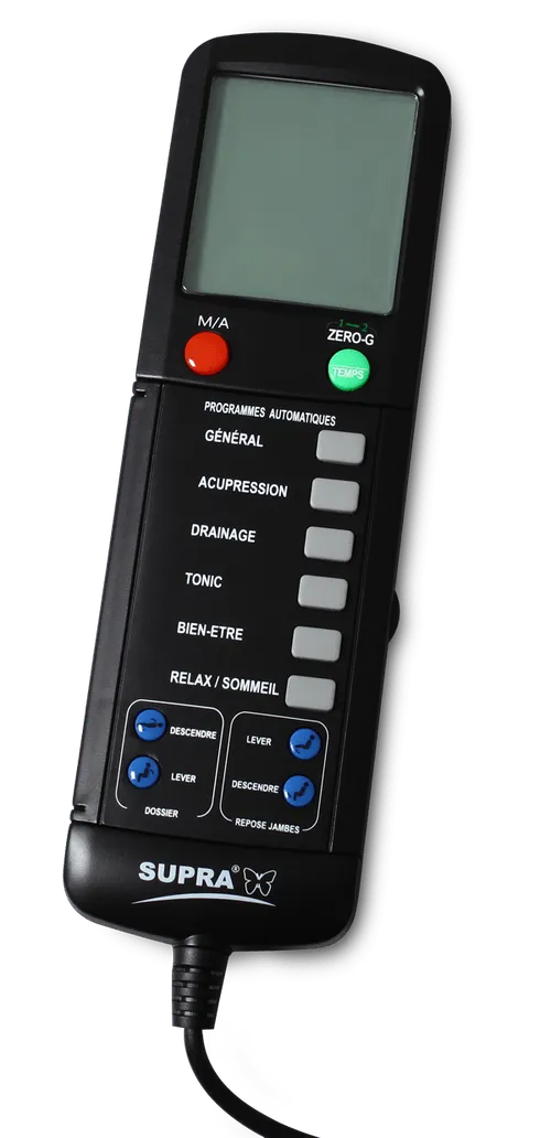 Télécommande du fauteuil massant Kin Relax Supra France avec programmes automatiques et contrôle de la position zéro gravité