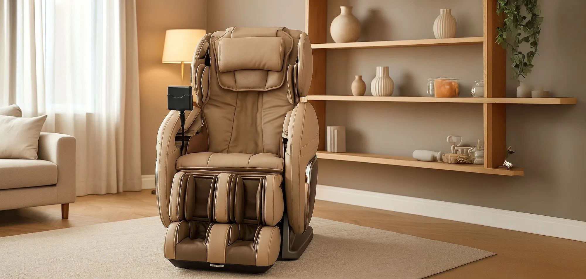 Fauteuil massant Evasion 3D de Supra France dans un salon moderne beige, combinant design élégant et technologies de massage avancées