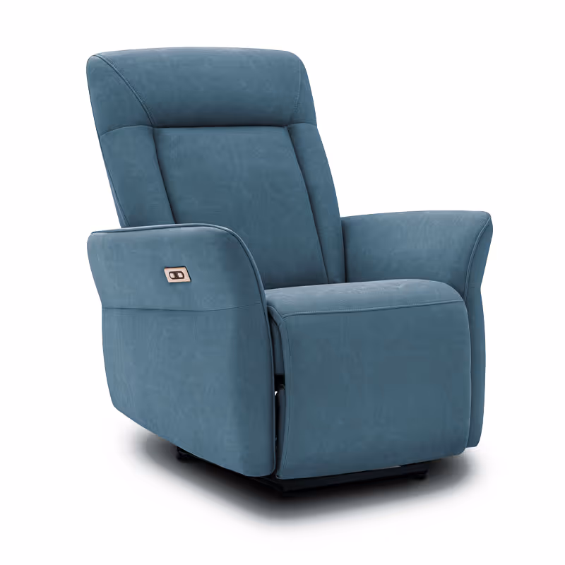 Fauteuil massant Serenity bleu nuit en vue produit, design moderne avec commandes latérales intégrées.