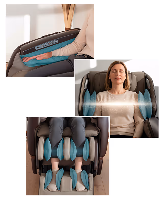 Massage par pression d’air du fauteuil de massage MASSEA Supra France agissant sur les bras, les jambes et les épaules