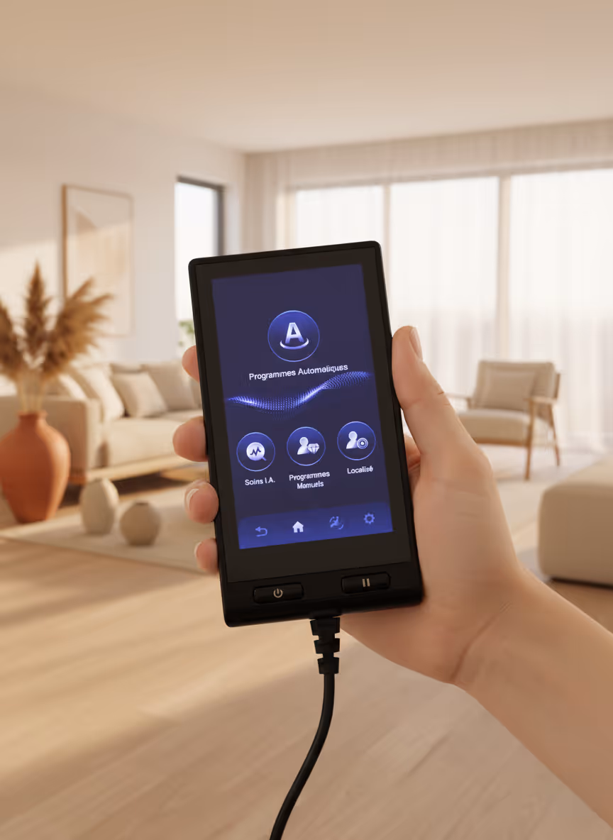 Télécommande du fauteuil de massage MASSEA Supra France affichant les programmes automatiques et soins I.A dans un salon lumineux