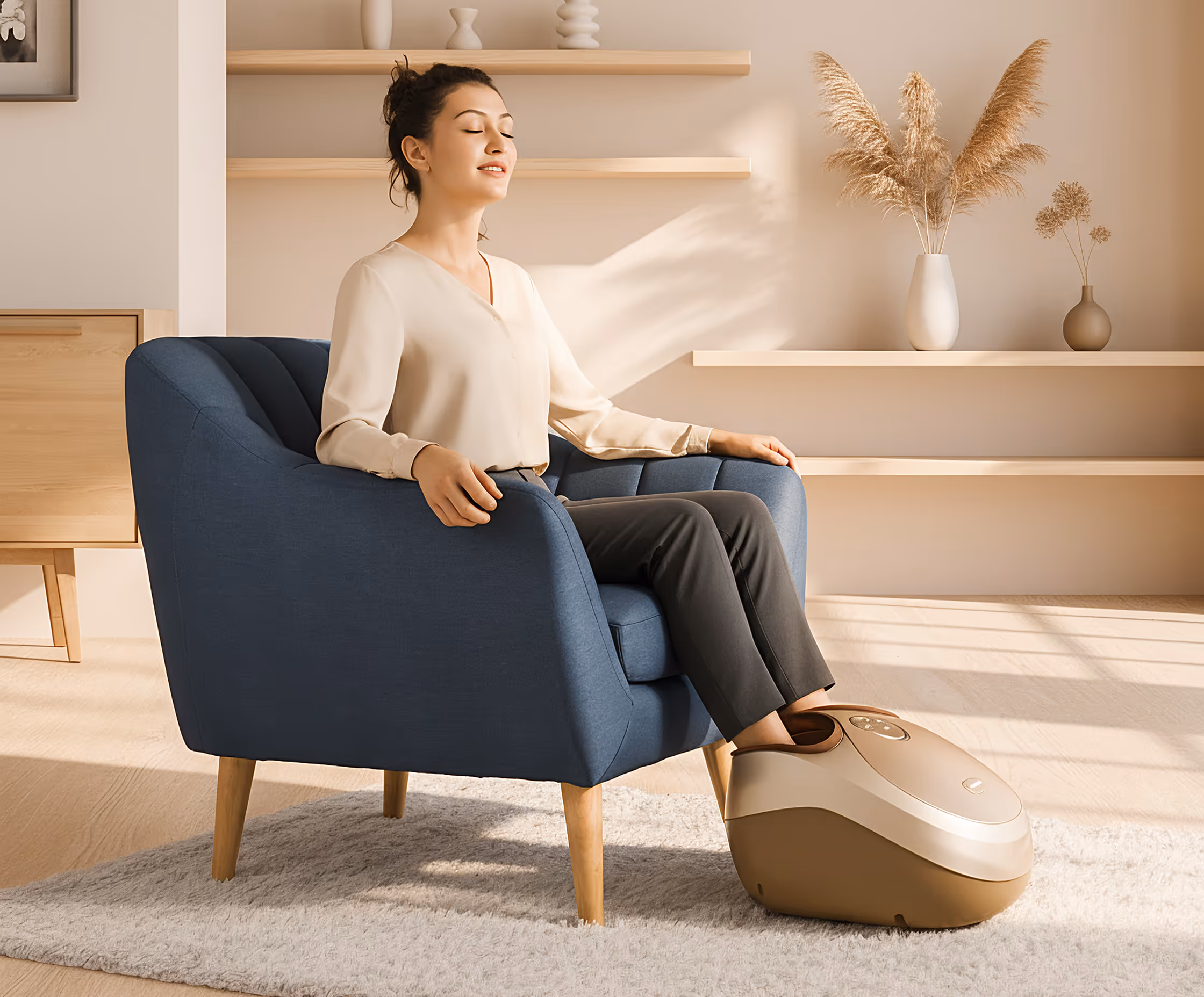 Femme assise dans un fauteuil bleu utilisant l’appareil de massage des pieds FOOTBOX pour un moment de relaxation à la maison
