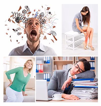 Collage montrant un homme stressé avec des éclats autour de la tête, une femme assise touchant sa jambe rouge, une femme se tenant le bas du dos avec douleur, et un homme endormi sur une pile de dossiers au bureau.