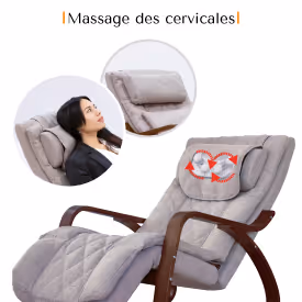 Fauteuil massant relaxant Youki, appui-tête rembourré montrant la fonction de massage des cervicales, avec une femme utilisant le fauteuil.