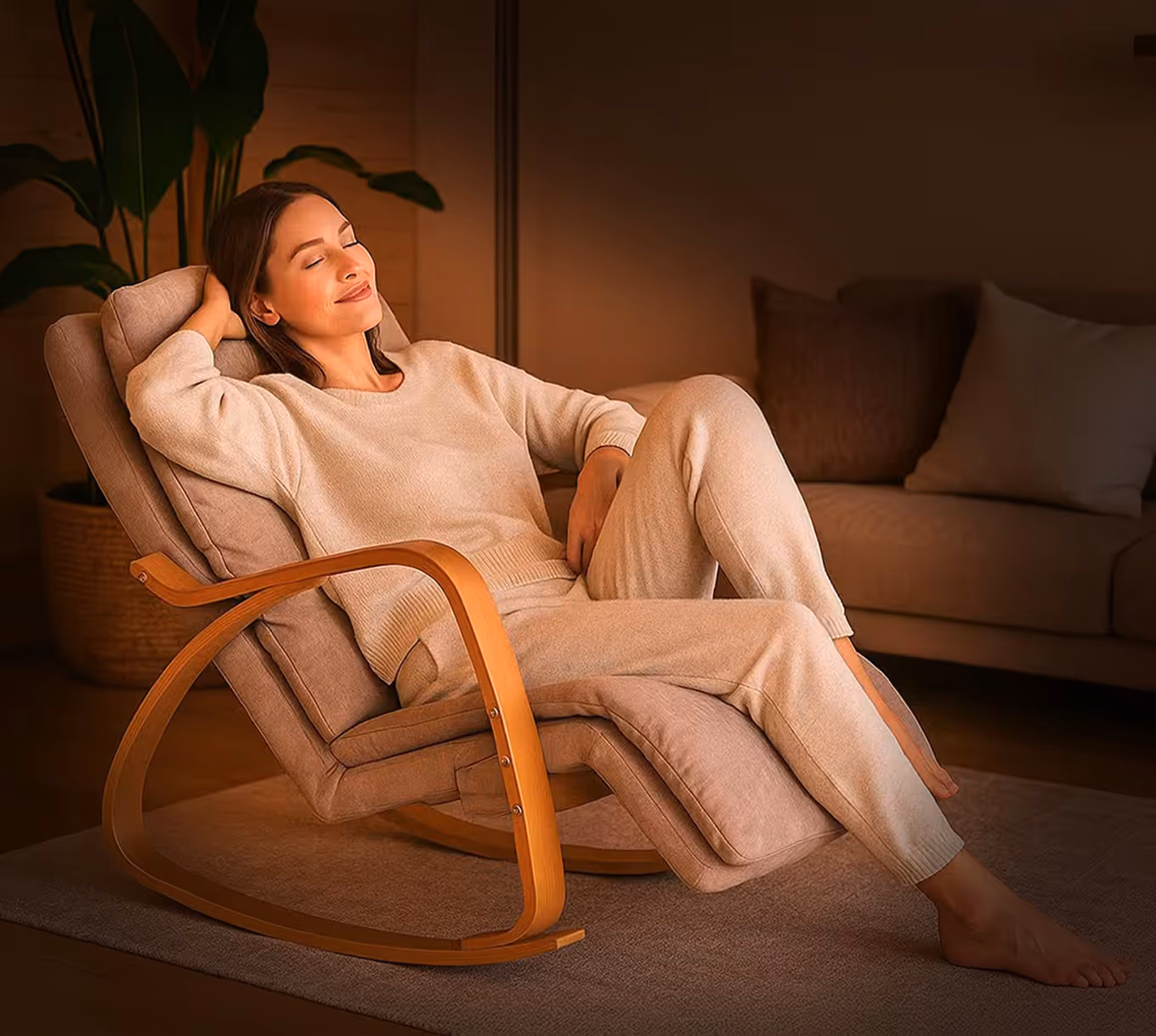 Une femme détendue assise dans le fauteuil massant Youki avec des coussins beige dans un salon chaud.