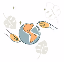 Illustration stylisée de la Terre avec deux mains tendues autour et des feuilles décoratives en arrière-plan.