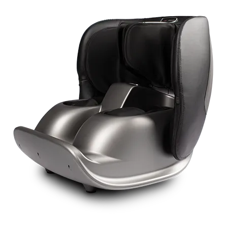 Appareil de massage pour les pieds Pedimass de couleur gris métal avec un rembourrage noir.