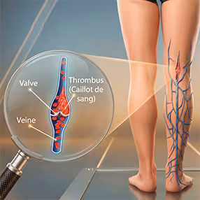 Illustration de veines sur une jambe avec zoom montrant une valve et un thrombus (caillot de sang) dans une veine.