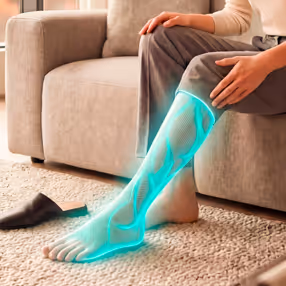 Personne assis sur un canapé tenant sa jambe avec une illustration numérique des os de la jambe et du pied en surimpression.