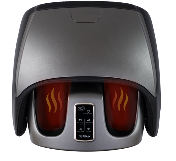 Appareil de massage des pieds Supra avec indicateurs de chaleur rouges et pictogrammes sur le panneau de contrôle.