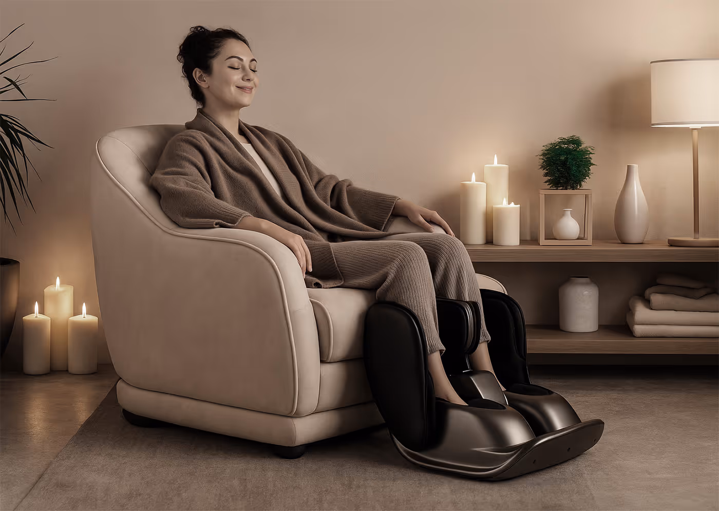 Femme assise dans un fauteuil beige avec un masseur de pieds noir Pedimass, entourée de bougies allumées et décor apaisant.
