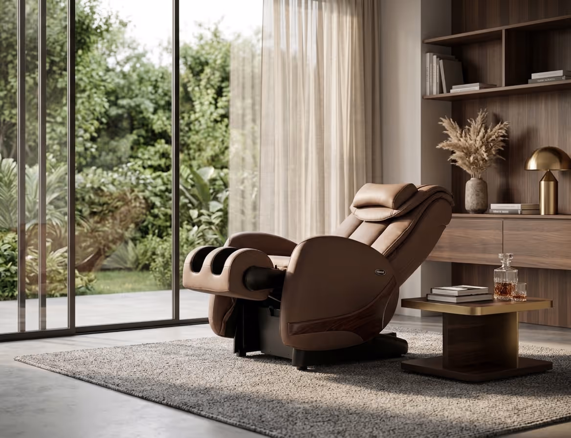 Fauteuil de massage Kin Relax brun incliné dans un salon moderne avec grande fenêtre donnant sur un jardin verdoyant.