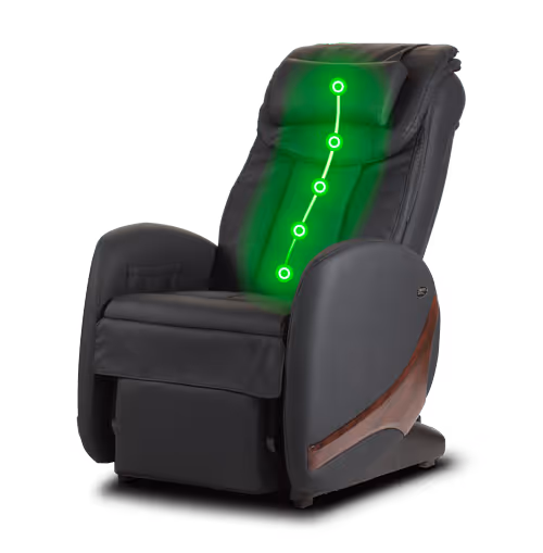 Fauteuil de massage noir Kin Relax avec projection lumineuse verte indiquant des points de massage le long du dossier.
