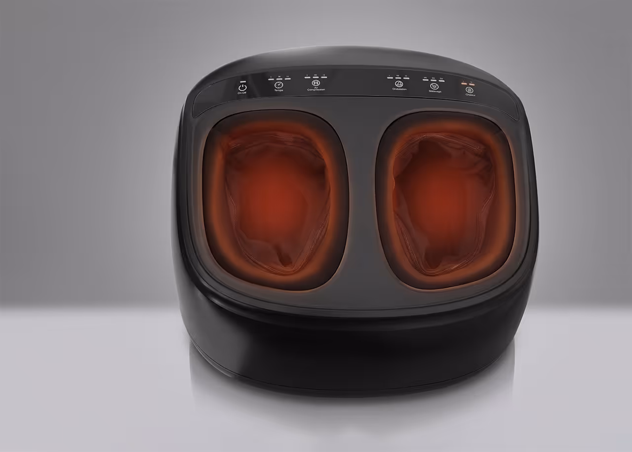 Appareil de massage chauffant pour les pieds Pédirelax avec zones rouges indiquant la chaleur.