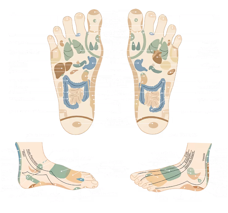 Carte de réflexologie plantaire avec zones réflexes des organes et parties du corps sur les pieds.
