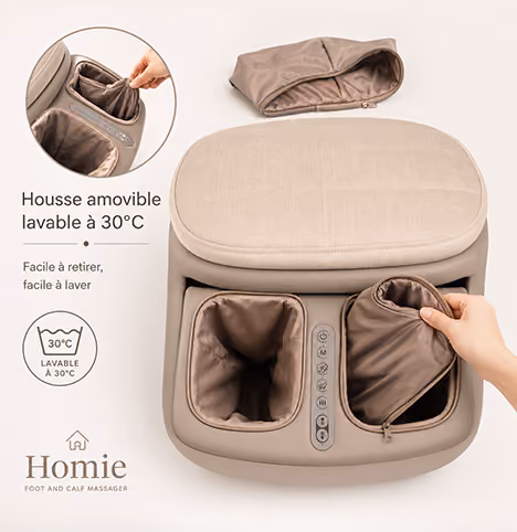 Housse amovible beige lavable à 30 degrés pour masseur de pieds et mollets Homie.