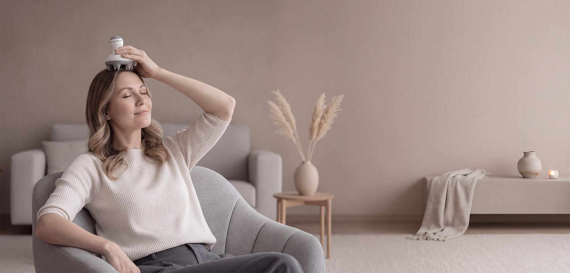 Femme assise relaxée utilisant le masseur de cuir chevelu Céphalia sur sa tête dans un salon beige paisible.