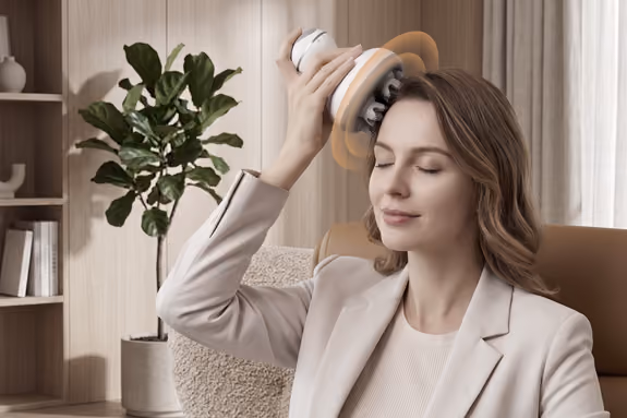 Une femme aux yeux fermés utilise le masseur de cuir chevelu Céphalia sur sa tête dans un salon chaleureux.
