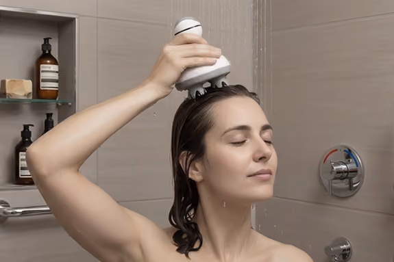Femme utilisant l'appareil de massage Céphalia pour masser son cuir chevelu sous la douche.