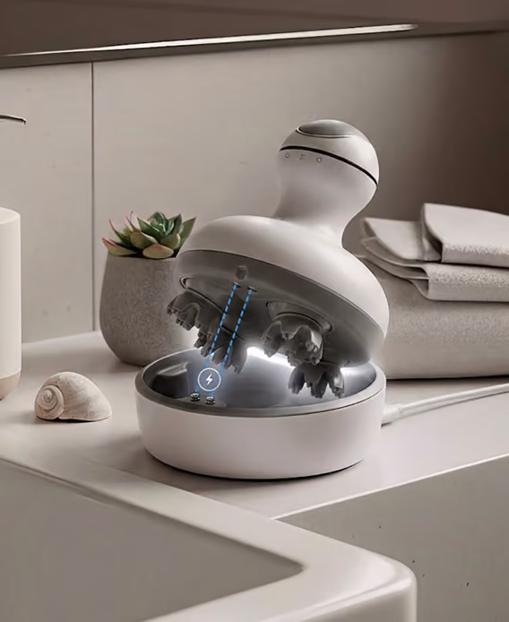 Appareil de massage Céphalia sur socle lumineux avec serviettes pliées et plante en arrière-plan.