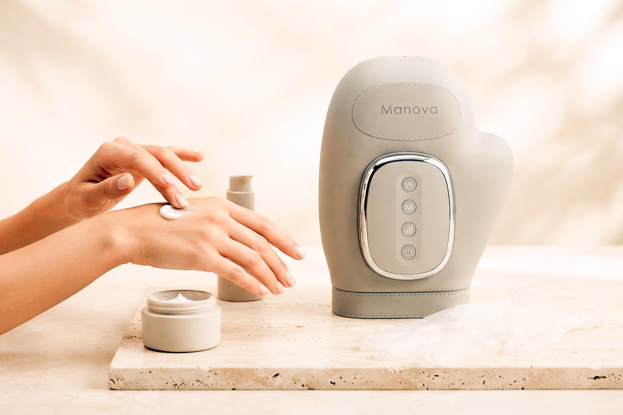 Une personne applique une crème sur sa main à côté d'un appareil massant Manova pour le soin des mains.